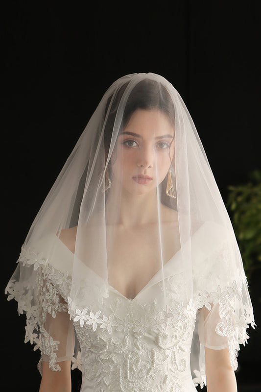 White Lace Applique Tulle Double Bridal Veil