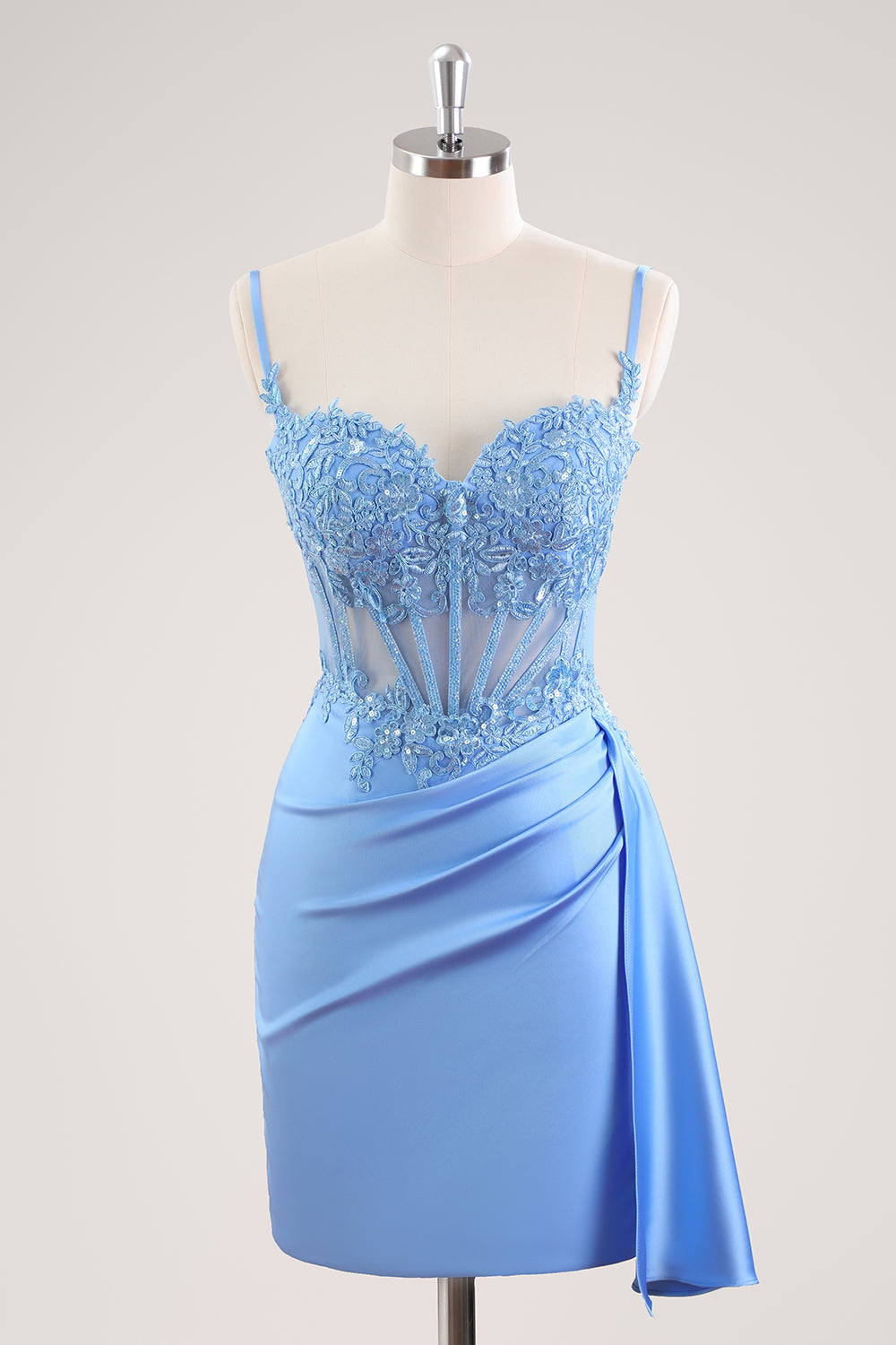 Zapakasa Women Blue Tight Homecoming Dress Pleated Corset Floral Spaghetti Straps Short Cocktail Dress Zapakasa Women Blue Tight Homecoming Dress Pleated Corset Floral Spaghetti Straps Short Cocktail Dress