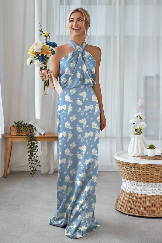 Blue White Floral Plus Size Sheath Halter Long Bridesmaid Dress