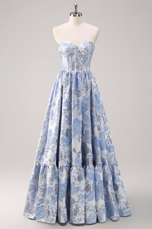 Blue Floral Sweetheart Long Prom Dress A Line Corset Ball Gown Dress