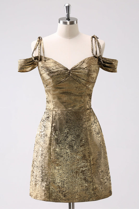 Golden A-Line Cold Shoulder Short Homecoming Dress