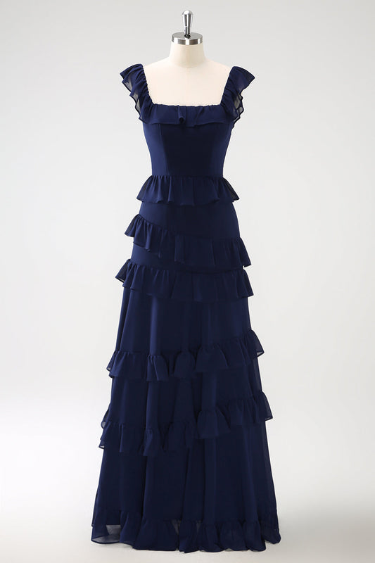 Dark Navy Bridesmaid Dress Square Neck Tiered A-Line Chiffon Wedding Party Dress