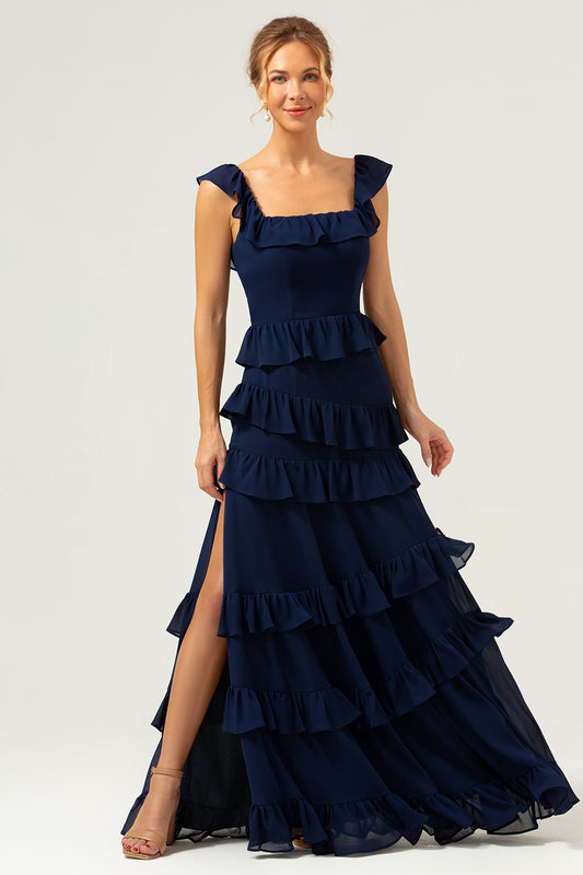 Dark Navy Long Bridesmaid Dress Square Neck Tiered A-Line Chiffon Wedding Party Dress