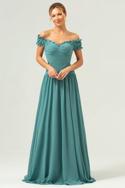 Eucalyptus Off The Shoulder Long Bridesmaid Dress