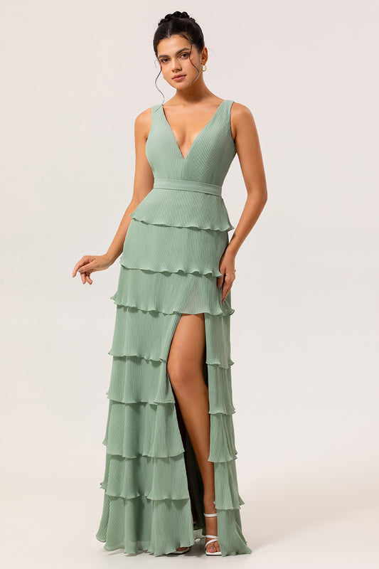 Dusty Sage Pleated A-Line Long Tiered Bridesmaid Dress with Slit