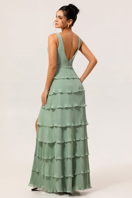 Dusty Sage Pleated A-Line Long Tiered Bridesmaid Dress with Slit