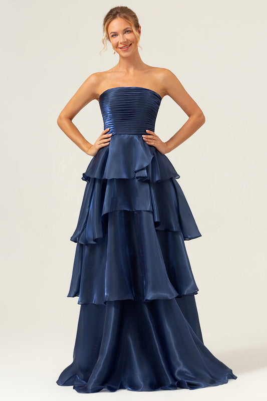 Dark Navy Bridesmaid Dress A Line Strapless Tiered Satin Long Evening Party Dress