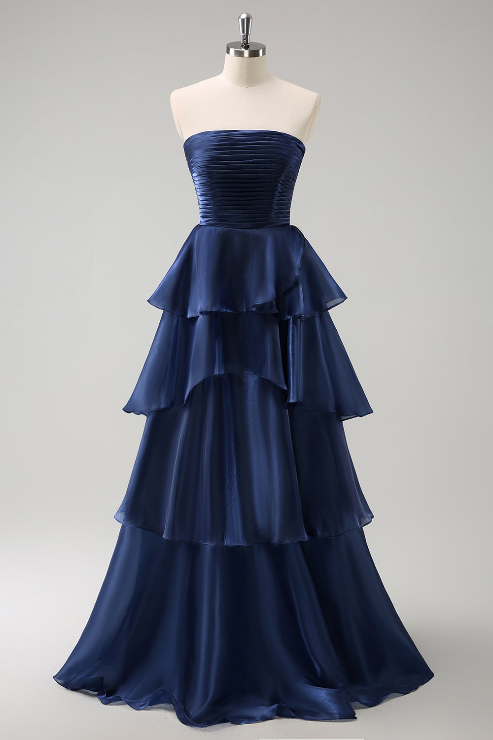 Zapaka Women Dark Navy Strapless Tiered Bridesmaid Dress Pleated Satin A-line Wedding Party Dress, Dark Navy / US12