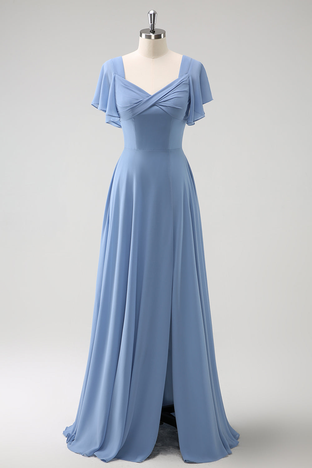 Zapaka Women Grey Blue Bridesmaid Dress with Slit A Line Chiffon Long Wedding Guest Dress with Puff Sleeves Zapaka Women Grey Blue Bridesmaid Dress with Slit A Line Chiffon Long Wedding Guest Dress with Puff Sleeves
