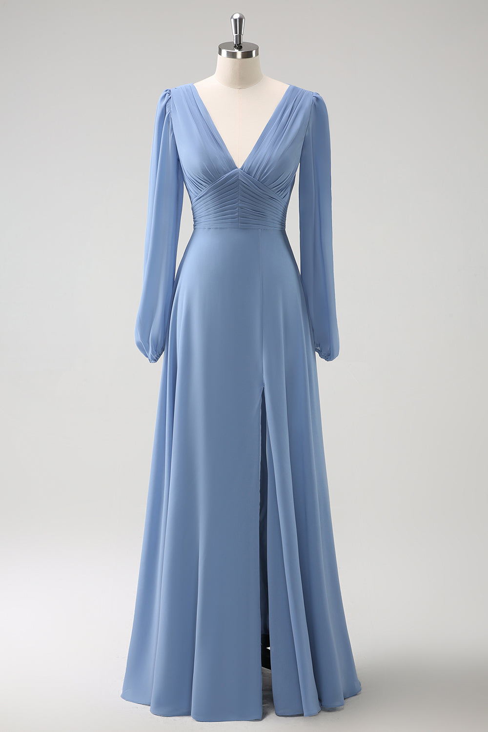 Zapaka Women Grey Blue Bridesmaid Dress with Long Sleeves V-Nack Chiffon A Line Wedding Guest Dress with Slit, Grey Blue / US16 Zapaka Women Grey Blue Bridesmaid Dress with Long Sleeves V-Nack Chiffon A Line Wedding Guest Dress with Slit, Grey Blue / US16