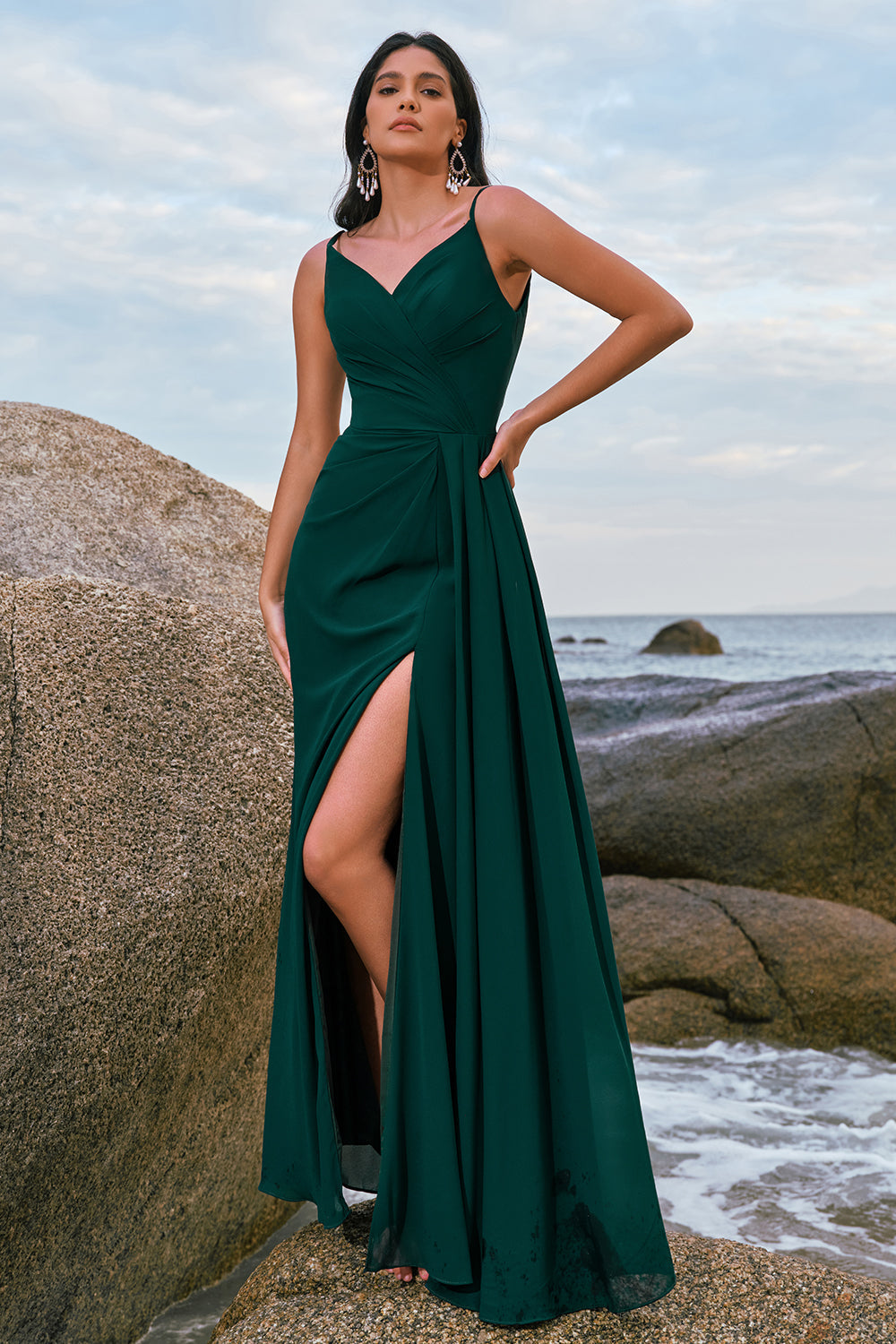 Zapakasa Women Dark Green Bridesmaid Dress with Slit Spaghetti Straps Ruche Long Wedding Guest Dress Zapakasa Women Dark Green Bridesmaid Dress with Slit Spaghetti Straps Ruche Long Wedding Guest Dress