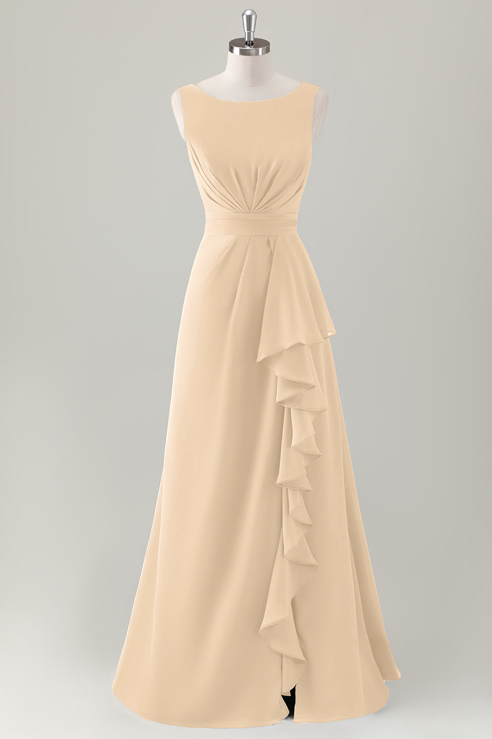 ZAPAKA Women Champagne Bridesmaid Dress with Slit A-Line Sleeveless Long Ruffle Wedding Party Dress ZAPAKA Women Champagne Bridesmaid Dress with Slit A-Line Sleeveless Long Ruffle Wedding Party Dress