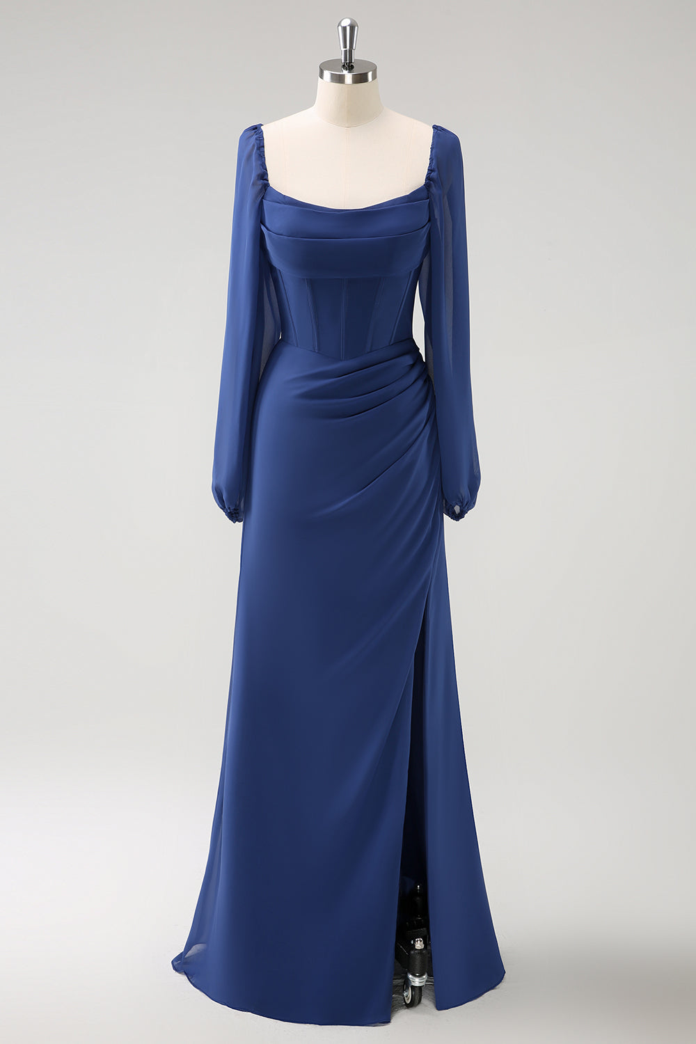 Zapakasa Women Dark Blue Bridesmaid Dress Square Neck Chiffon Long Sleeves Sheath Long Wedding Guest Dress with Slit Zapakasa Women Dark Blue Bridesmaid Dress Square Neck Chiffon Long Sleeves Sheath Long Wedding Guest Dress with Slit