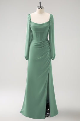 Eucalyptus Sheath Square Neck Chiffon Long Sleeves Long Bridesmaid Dress with Slit