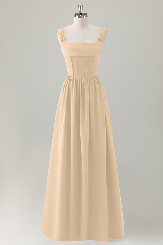 Champagne Bridesmaid Dress with Lace Up Back A-Line Square Neck Corset Long Wedding Guest Dress