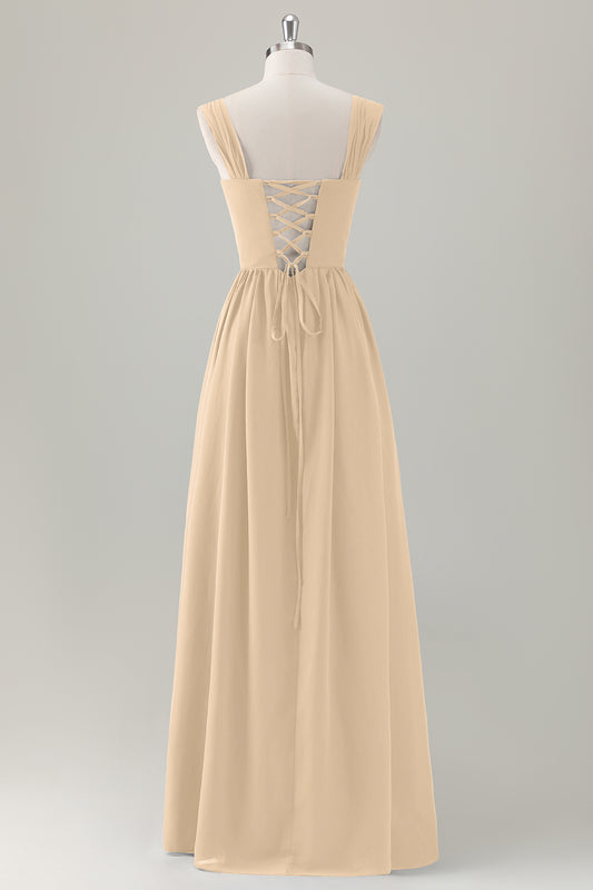 Champagne Corset A-Line Square Neck Long Bridesmaid Dress with Lace Up Back