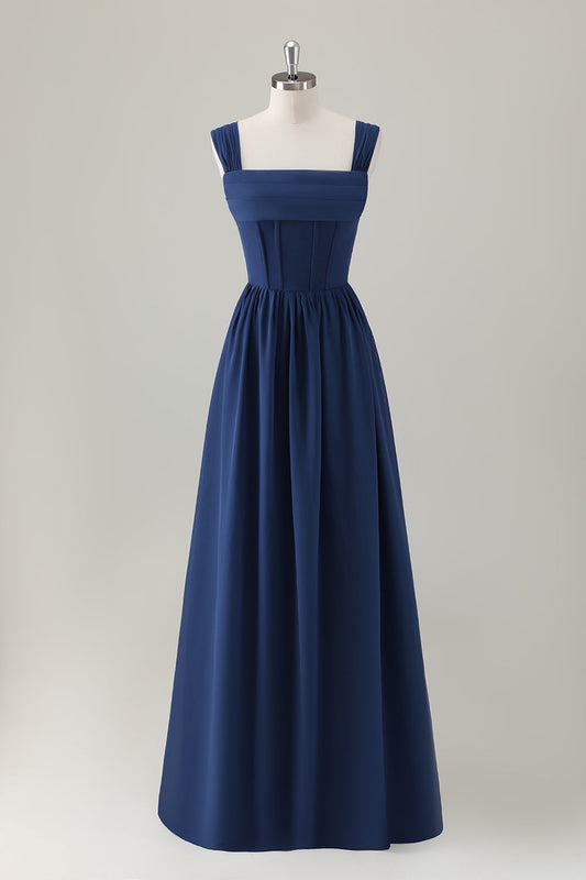 Dark Blue Bridesmaid Dress with Lace Up Back A-Line Square Neck Corset Long Wedding Guest Dress