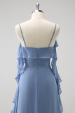 Grey Blue A-Line Spaghetti Straps Chiffon Long Bridesmaid Dress with Slit Grey Blue A-Line Spaghetti Straps Chiffon Long Bridesmaid Dress with Slit