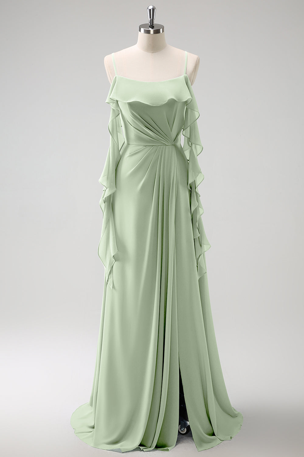 Grey Blue A-Line Spaghetti Straps Chiffon Long Bridesmaid Dress with Slit Grey Blue A-Line Spaghetti Straps Chiffon Long Bridesmaid Dress with Slit