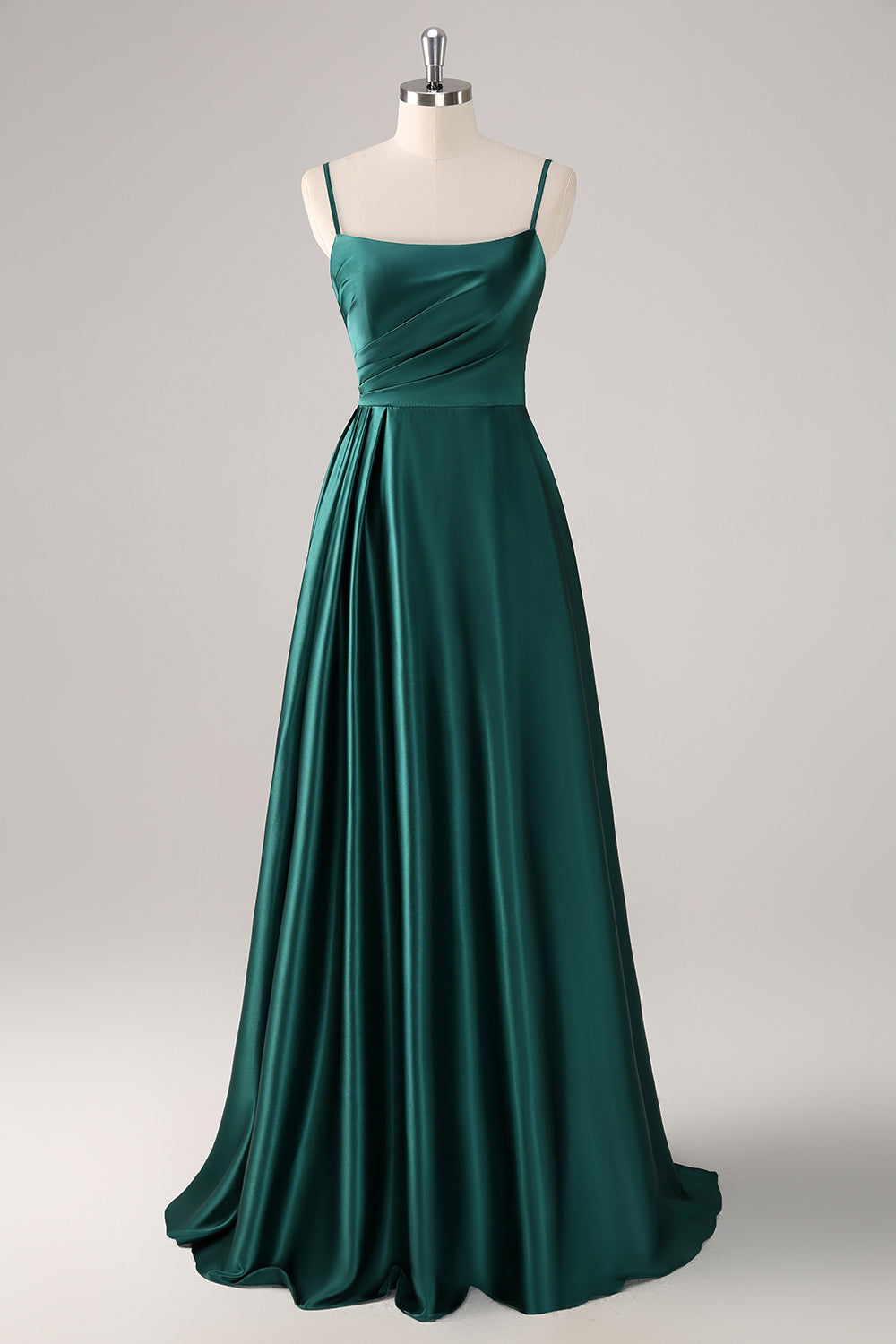 Zapakasa Women Dark Green Spaghetti Straps Bridesmaid Dress A-Line Satin Ruched Long Wedding Guest Dress Zapakasa Women Dark Green Spaghetti Straps Bridesmaid Dress A-Line Satin Ruched Long Wedding Guest Dress