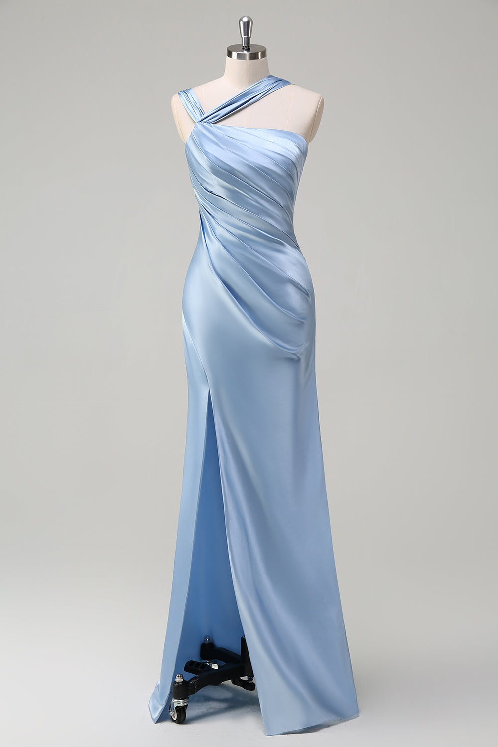 Zapakasa Women Sky Blue One Shoulder Long Bridesmaid Dress with Slit Sheath Satin Evening Dress Zapakasa Women Sky Blue One Shoulder Long Bridesmaid Dress with Slit Sheath Satin Evening Dress