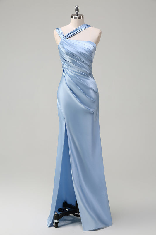 Sky Blue One Shoulder Long Bridesmaid Dress with Slit Sheath Satin Evening Dress