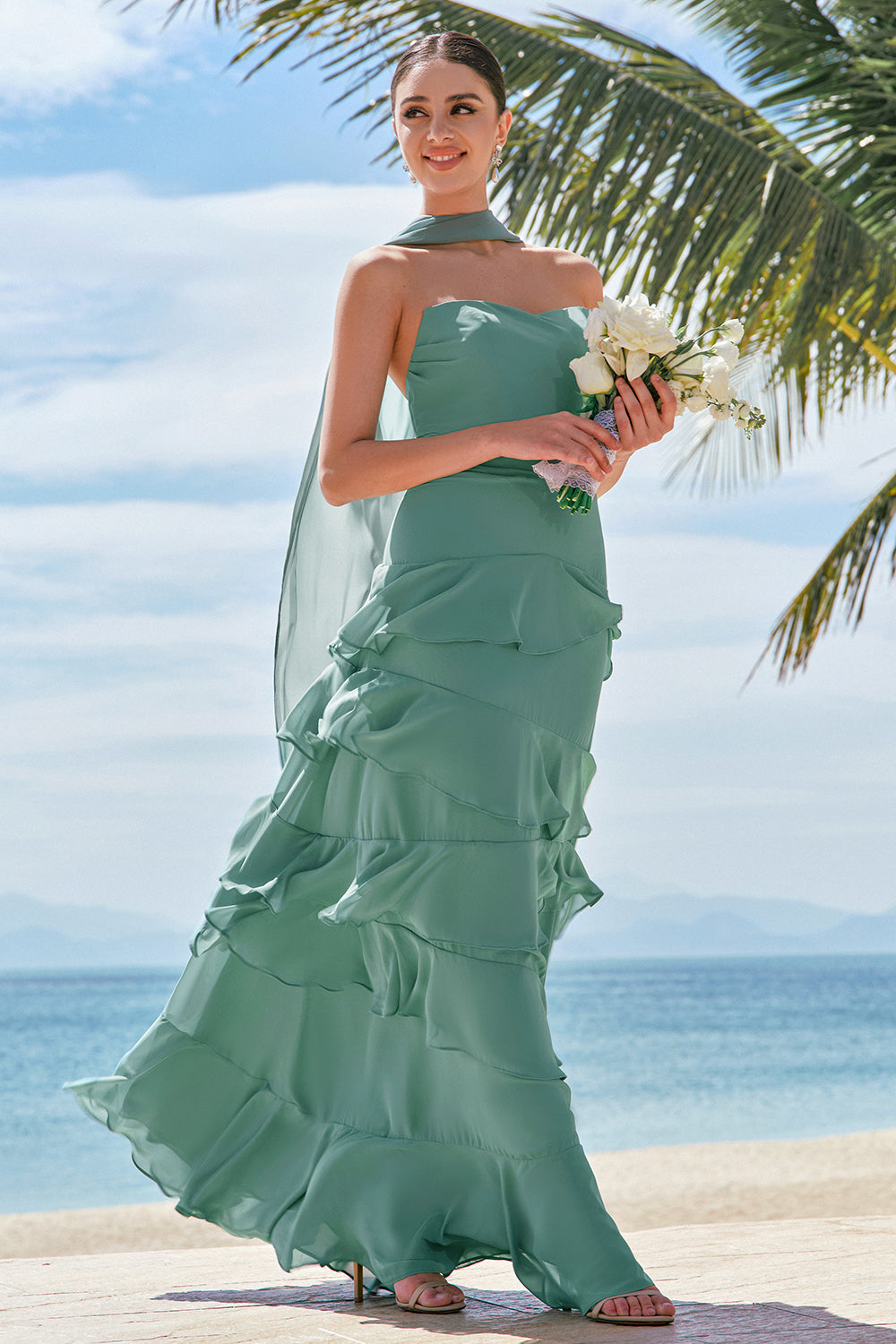 Zapakasa Women Eucalyptus Long Bridesmaid Dress with Ribbon Strapless Ruffled Mermaid Wedding Party Dress Zapakasa Women Eucalyptus Long Bridesmaid Dress with Ribbon Strapless Ruffled Mermaid Wedding Party Dress