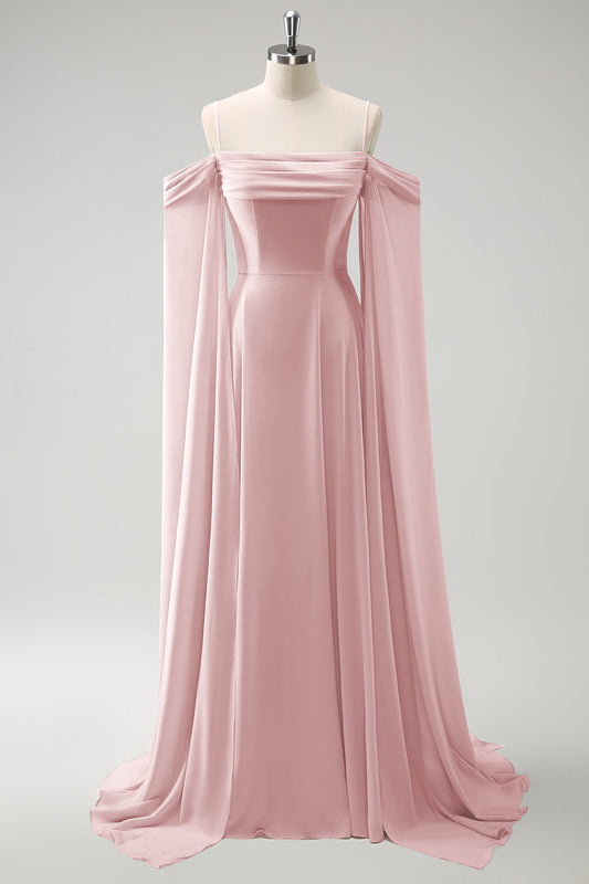 Flowy Blush Pink Chiffon Bridesmaid Dress with Streamer Cold Shoulder A Line Wedding Guest Dress