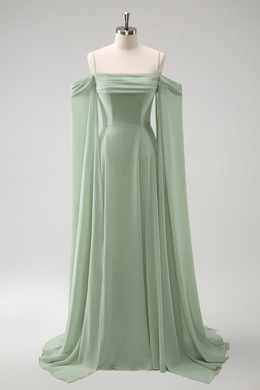Flowy Light Green Chiffon Bridesmaid Dress with Streamer
