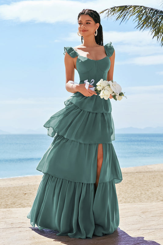 Eucalyptus Bridesmaid Dress with Ruffle Slit A-Line Corset Tiered Long Wedding Party Dress