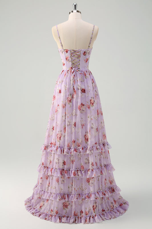 Grey Purple A Line Floral Corset Long Bridesmaid Dress