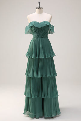 Eucalyptus Pleated Tiered Off The Shoulder Long Bridesmaid Dress