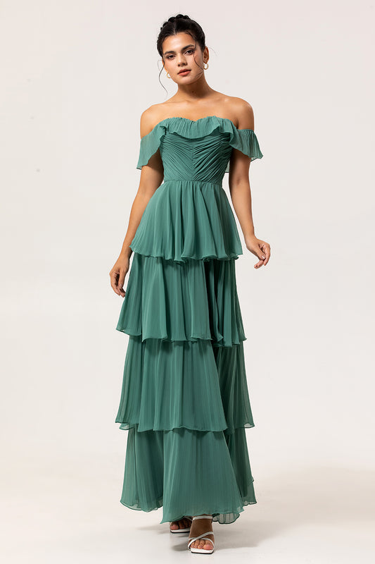 Eucalyptus Off The Shoulder Pleated Long Tiered Bridesmaid Dress