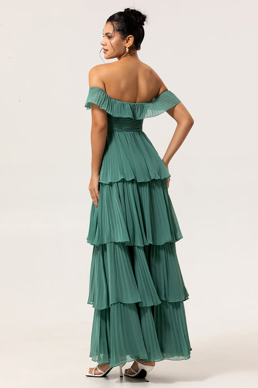 Eucalyptus Off The Shoulder Pleated Long Tiered Bridesmaid Dress