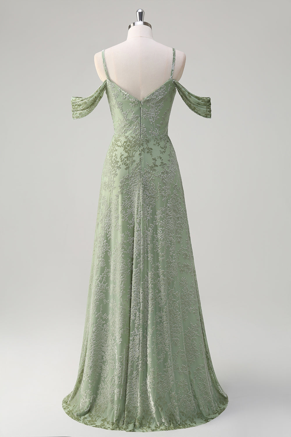 Dusty Sage Cold Shoulder A-Line Jacquard Long Bridesmaid Dress with Slit Dusty Sage Cold Shoulder A-Line Jacquard Long Bridesmaid Dress with Slit