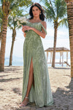 Dusty Sage Cold Shoulder A-Line Jacquard Long Bridesmaid Dress with Slit Dusty Sage Cold Shoulder A-Line Jacquard Long Bridesmaid Dress with Slit