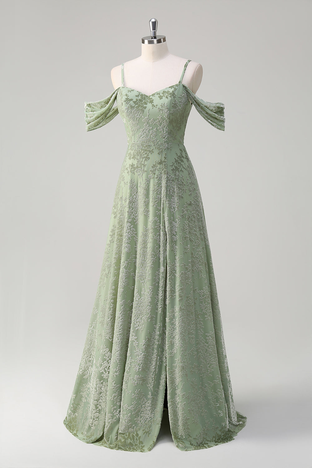 Dusty Sage Cold Shoulder A-Line Jacquard Long Bridesmaid Dress with Slit Dusty Sage Cold Shoulder A-Line Jacquard Long Bridesmaid Dress with Slit