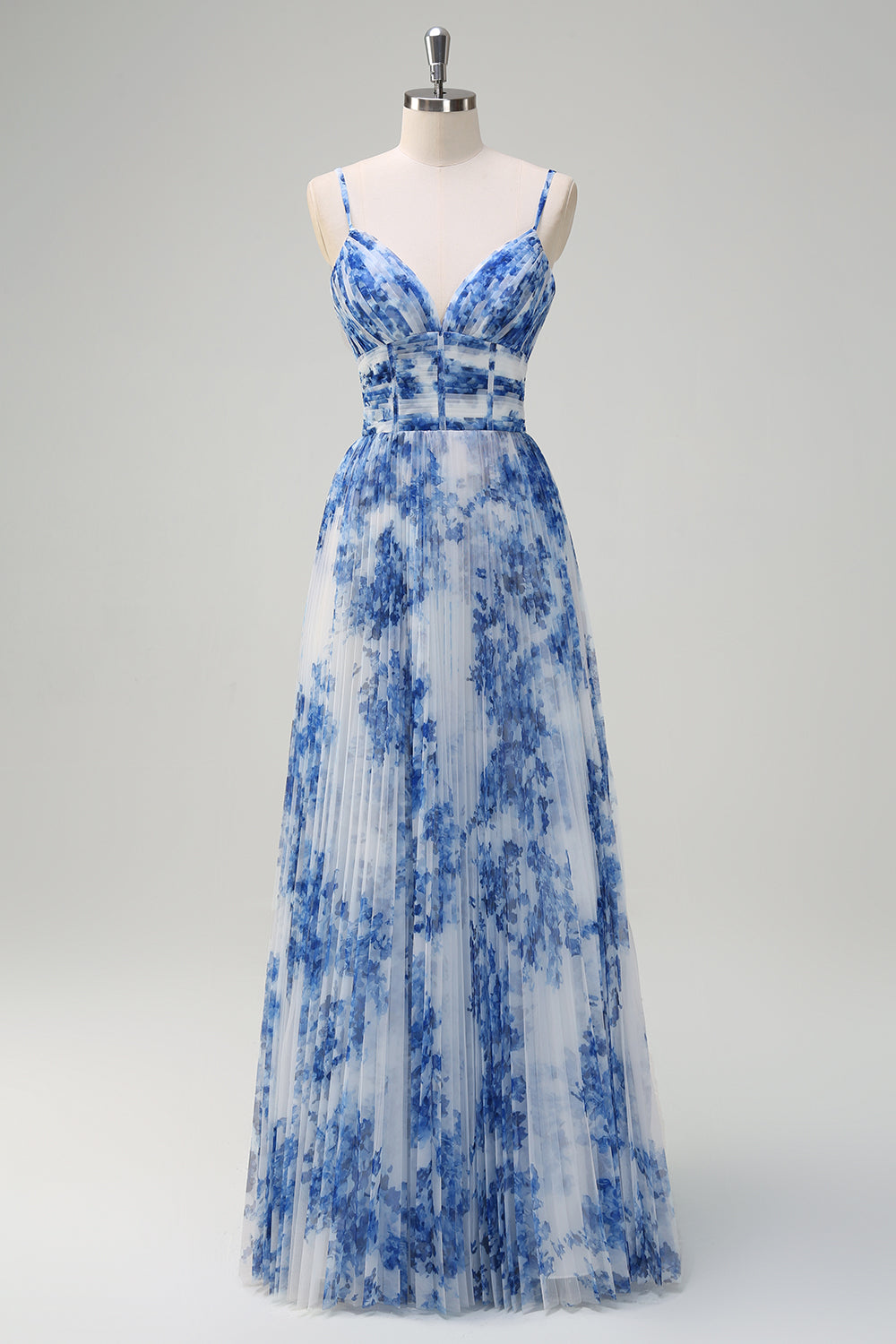 Zapakasa Women White Blue Flower A-Line Bridesmaid Dress Pleated Spaghetti Straps Wedding Party Dress Zapakasa Women White Blue Flower A-Line Bridesmaid Dress Pleated Spaghetti Straps Wedding Party Dress