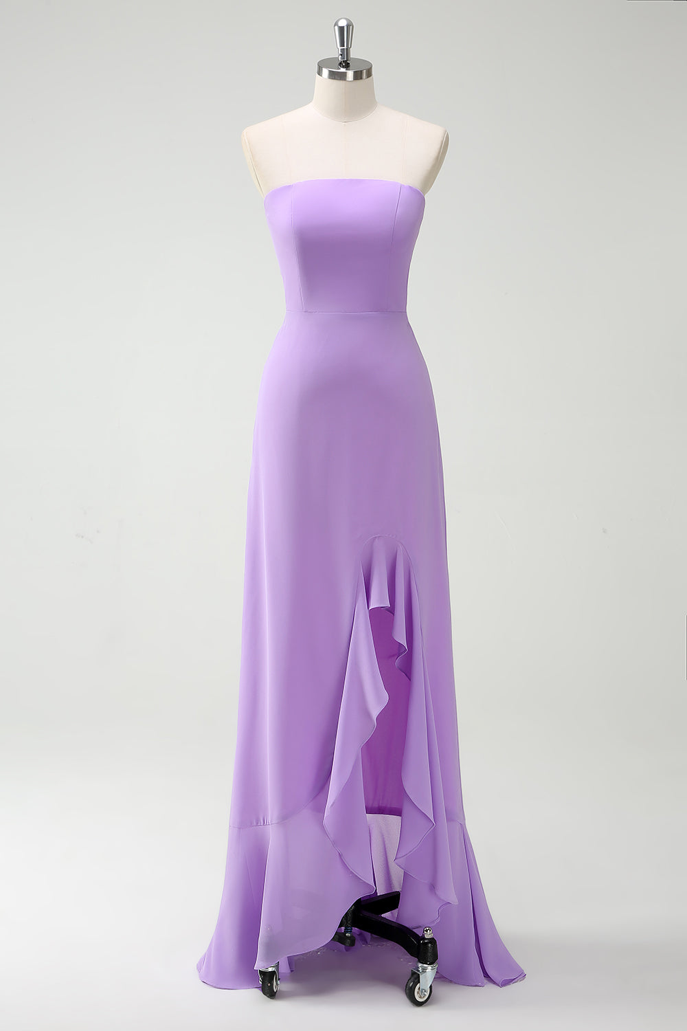 Zapaka Women Purple Bridesmaid Dress with Bow Ties A-Line Ruffled Long Chiffon Strapless Formal Dress, Chiffon color / US14