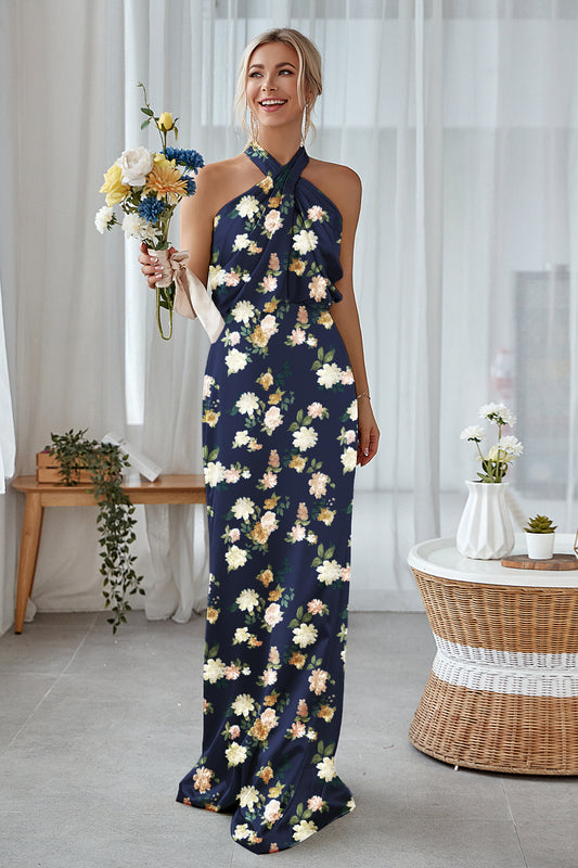 Floral Navy Bloom Plus Size Sheath Halter Long Bridesmaid Dress