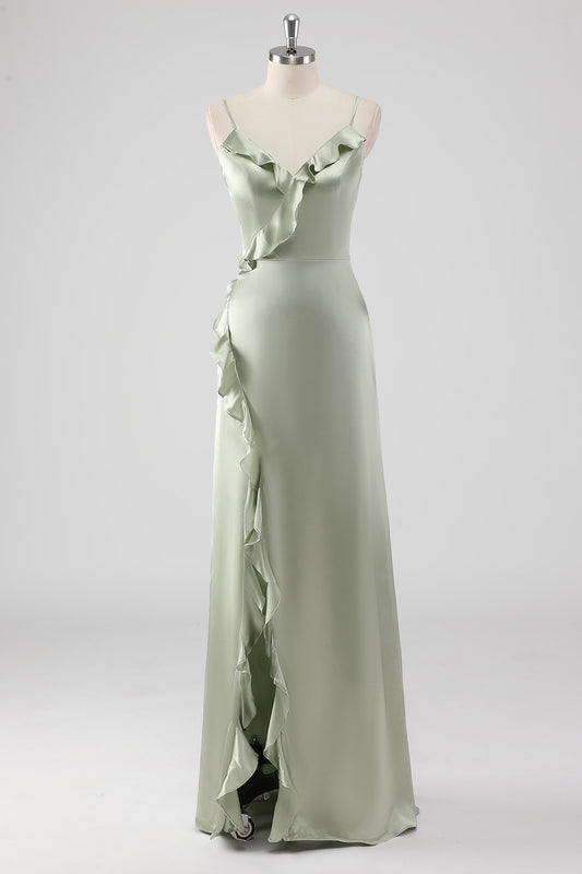 Sage Ruffled Sheath Satin Bridesmaid Dress with Slit