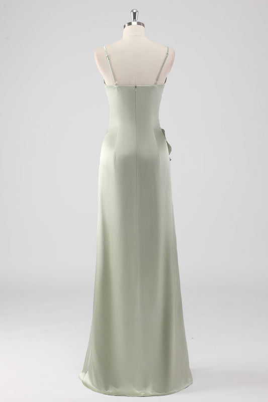 Sage Ruffled Sheath Satin Bridesmaid Dress with Slit
