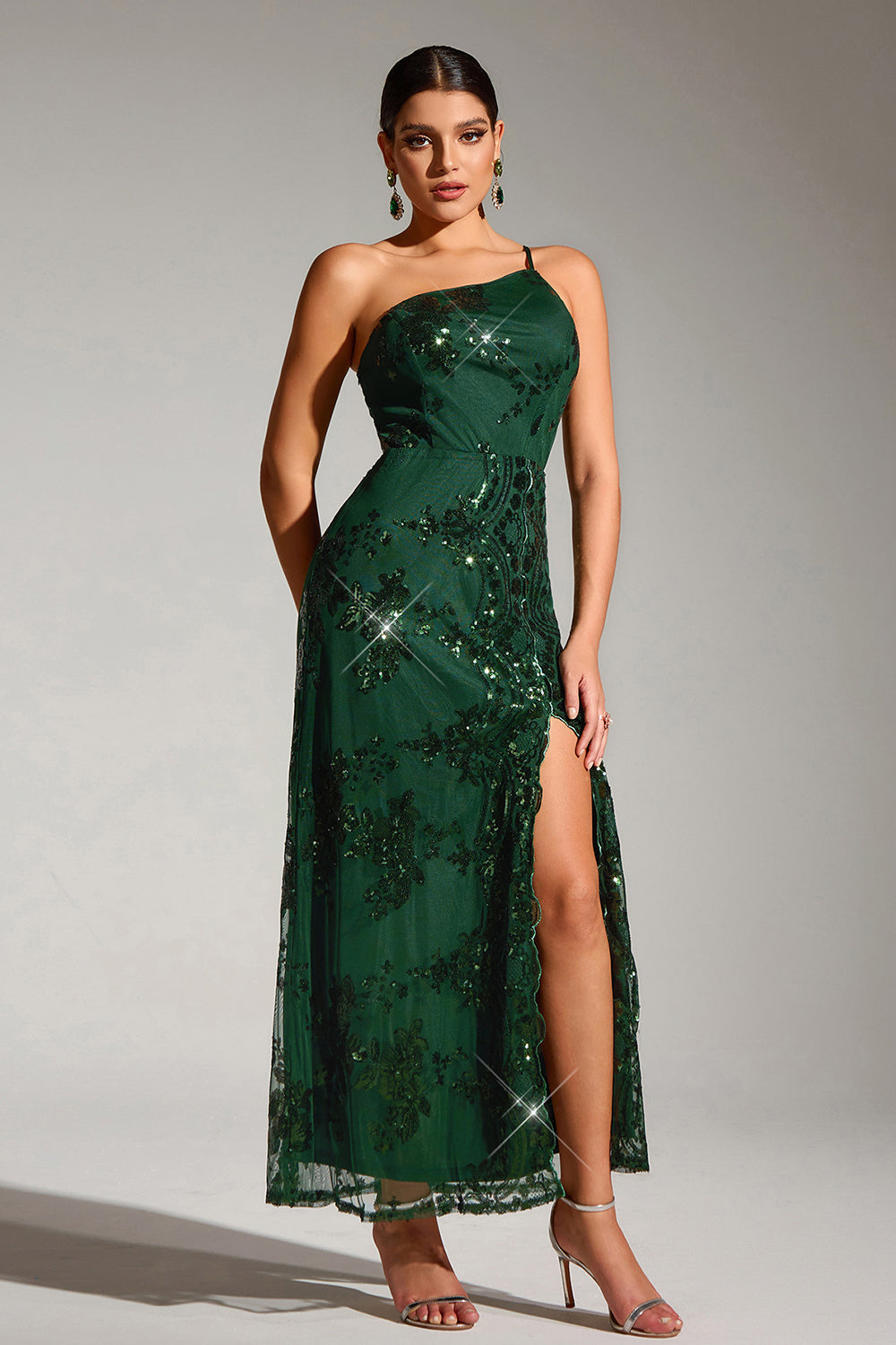 Sparkly Dark Green One Shoulder Mermaid Sequin Long Party Dress with Slit Sparkly Dark Green One Shoulder Mermaid Sequin Long Party Dress with Slit