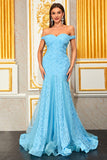 Light Blue Appliques A Line Off the Shoulder Floral Tulle Long Prom Dress Light Blue Appliques A Line Off the Shoulder Floral Tulle Long Prom Dress