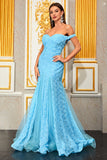 Light Blue Appliques A Line Off the Shoulder Floral Tulle Long Prom Dress Light Blue Appliques A Line Off the Shoulder Floral Tulle Long Prom Dress