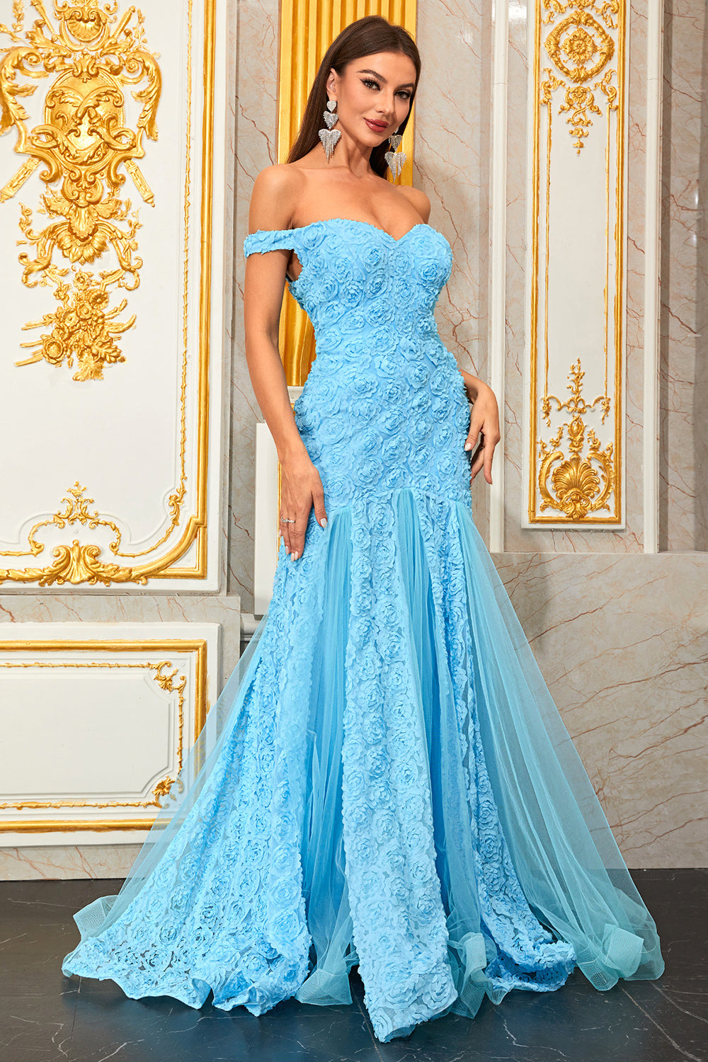 Light Blue Appliques A Line Off the Shoulder Floral Tulle Long Prom Dress Light Blue Appliques A Line Off the Shoulder Floral Tulle Long Prom Dress