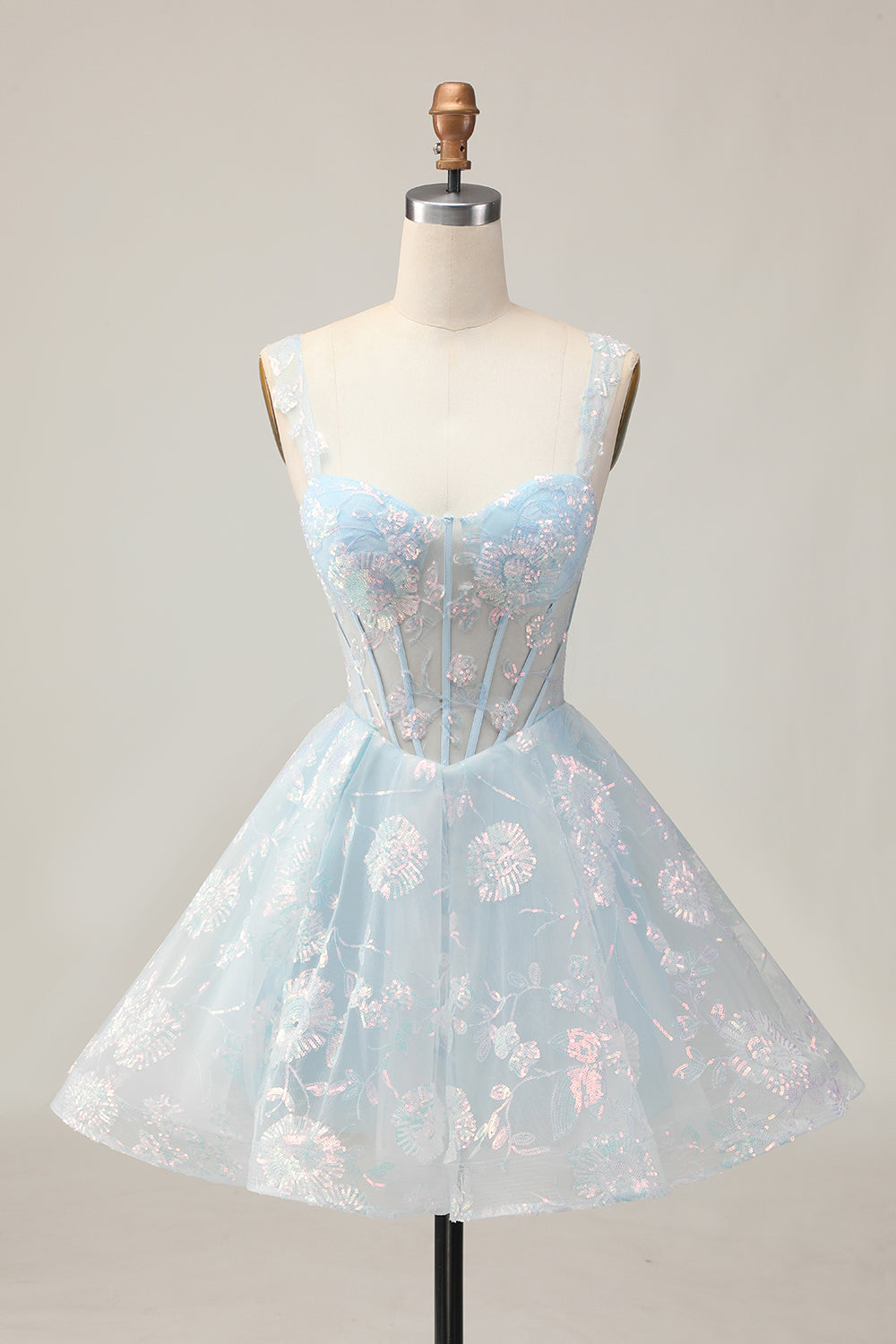 Zapaka Women Sparkly Light Blue Floral Corset A-Line Short Homecoming Dress Sequined Spaghetti Straps Hoco Zapaka Women Sparkly Light Blue Floral Corset A-Line Short Homecoming Dress Sequined Spaghetti Straps Hoco