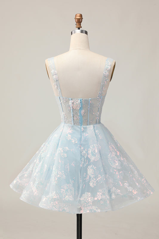 Sparkly Light Blue Floral Corset A-Line Short Homecoming Dress
