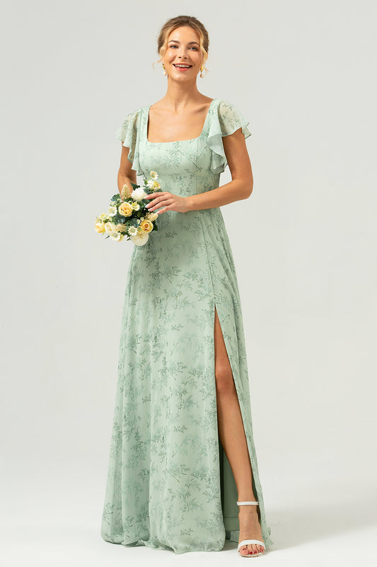 Dusty Sage Chiffon Floral Print Bridesmaid Dress with Slit