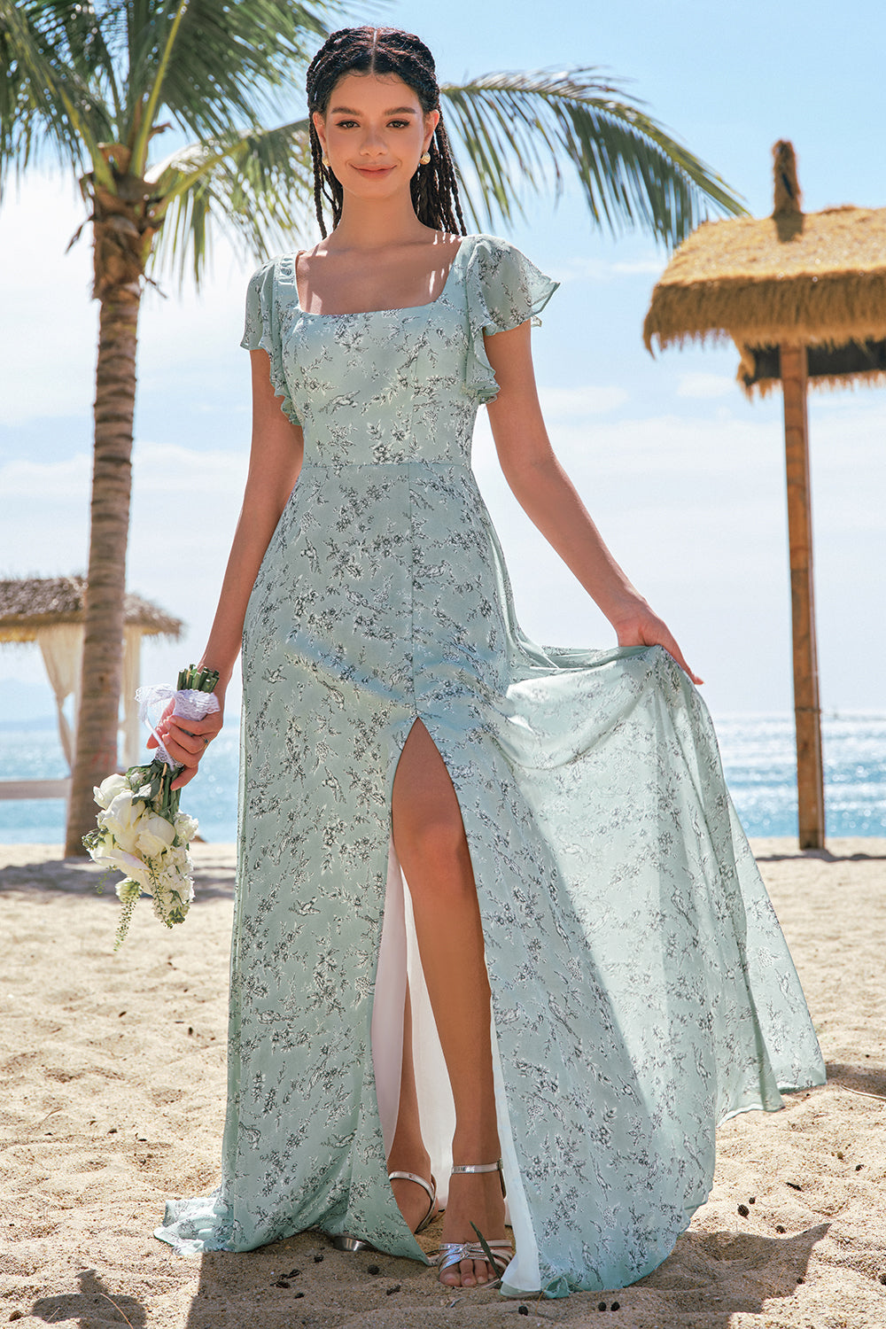 Zapaka Women Dusty Sage Chiffon Long Bridesmaid Dress with Slit Square Neck A Line Printed Floral Wedding Guest Dress with Sleeves, Grey Green